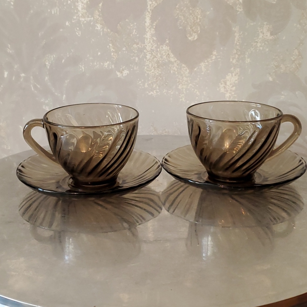 Arcoroc smoked glass tea cups and saucers set of 2